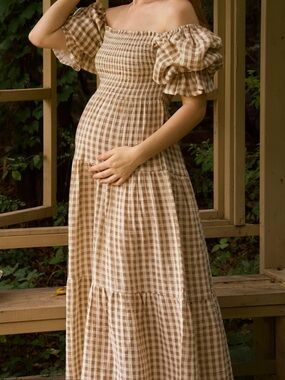 Nothing Fits But Kiko Dress Gingham Smocked Midi Dress with Puff Sleeves - Beige